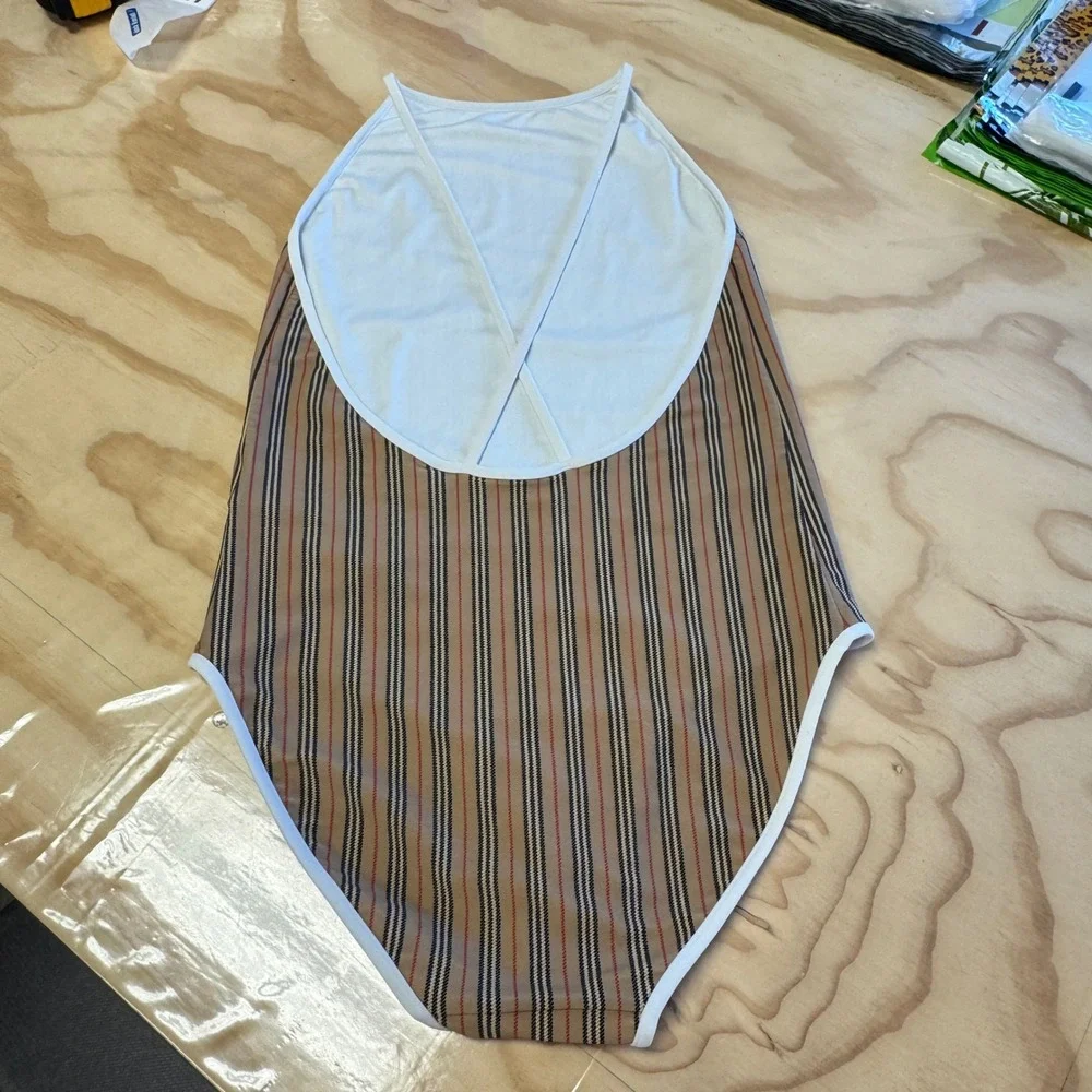 Authentic Burberry Girls Sadie Icon Stripe One Piece Swimsuit Plaid Beige 14Y 14